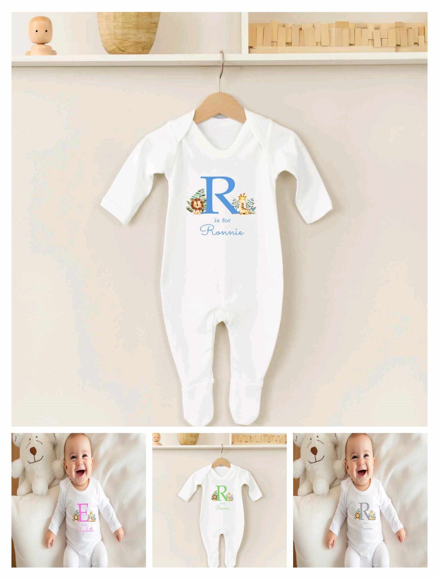 Personalised Sleepsuit With Initial & Name - Safari Theme (4 Colours)