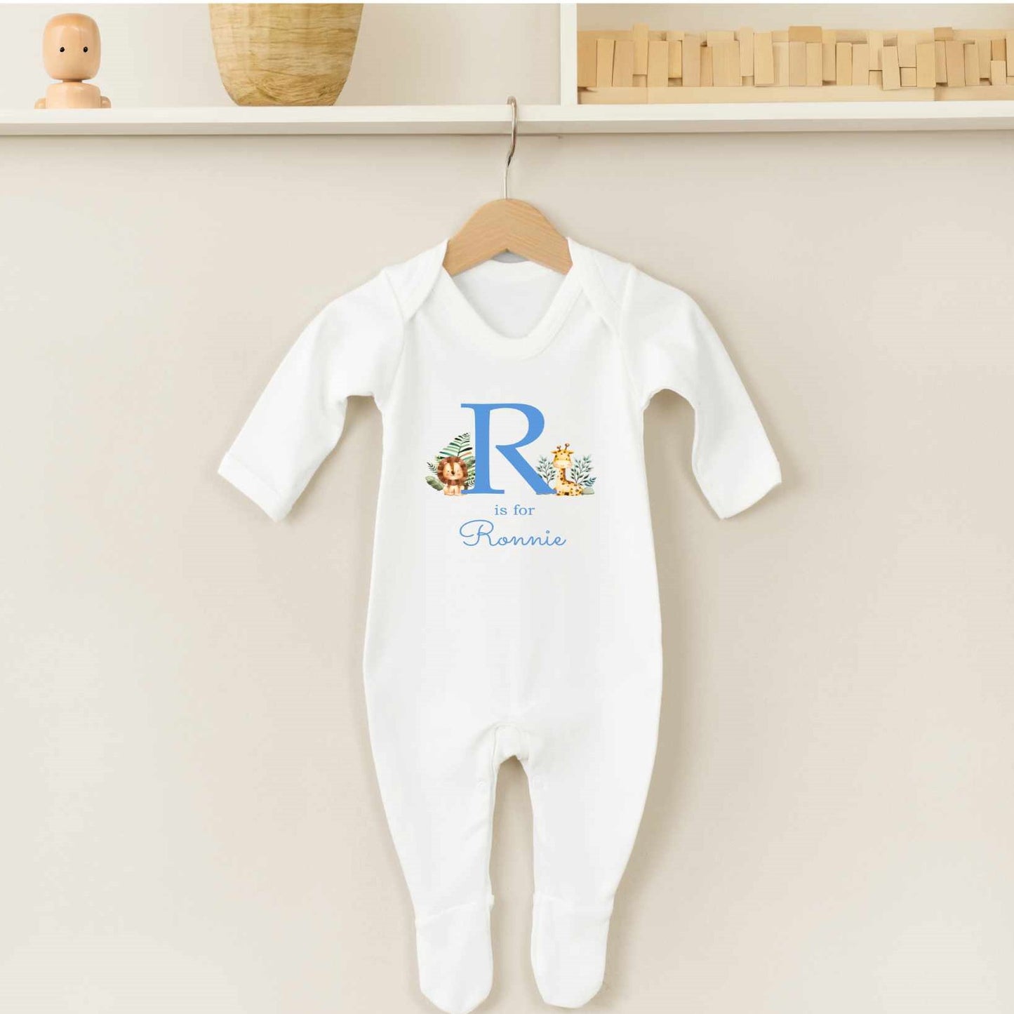 Personalised Sleepsuit With Initial & Name - Safari Theme (4 Colours)