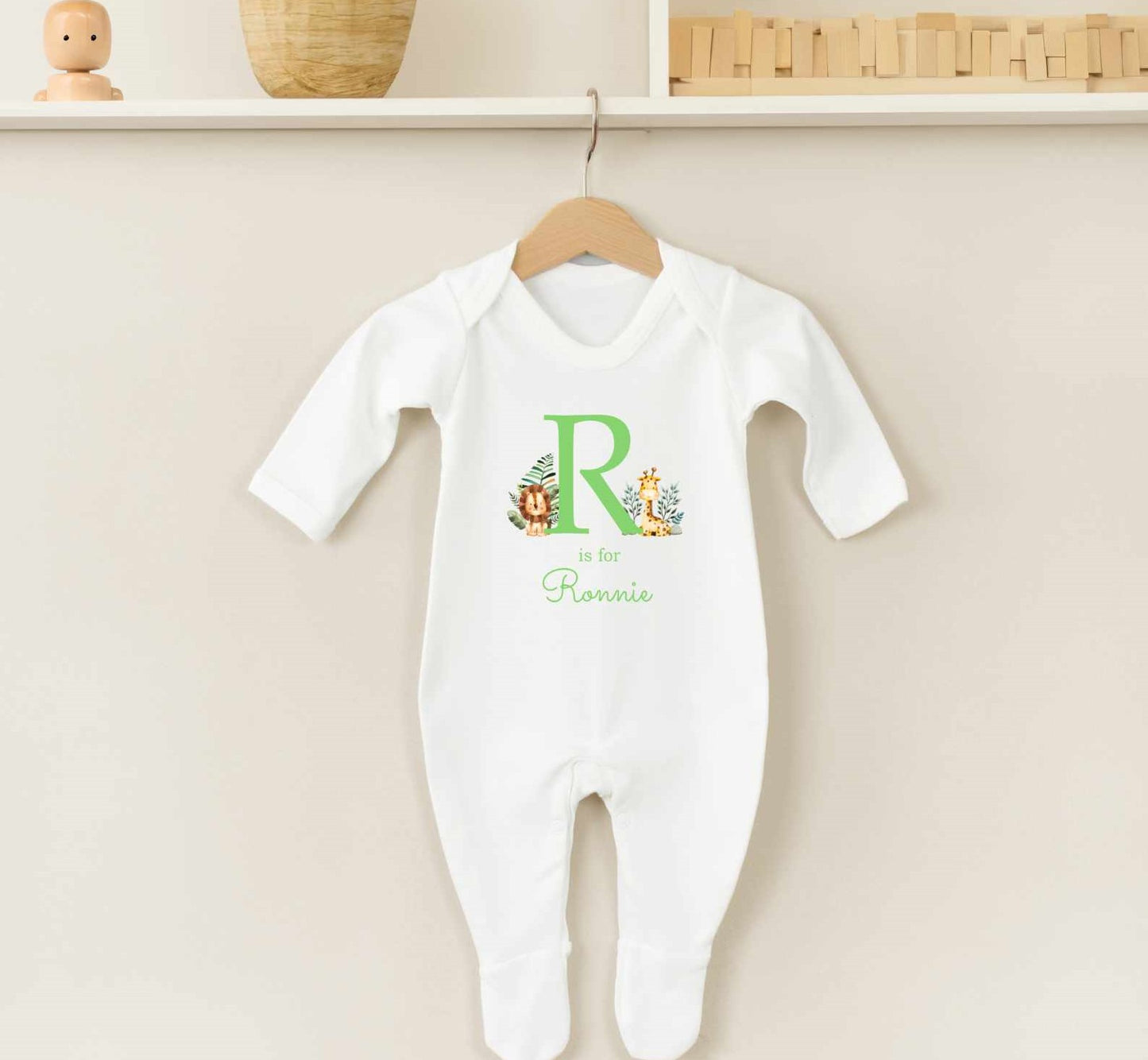 Personalised Sleepsuit With Initial & Name - Safari Theme (4 Colours)