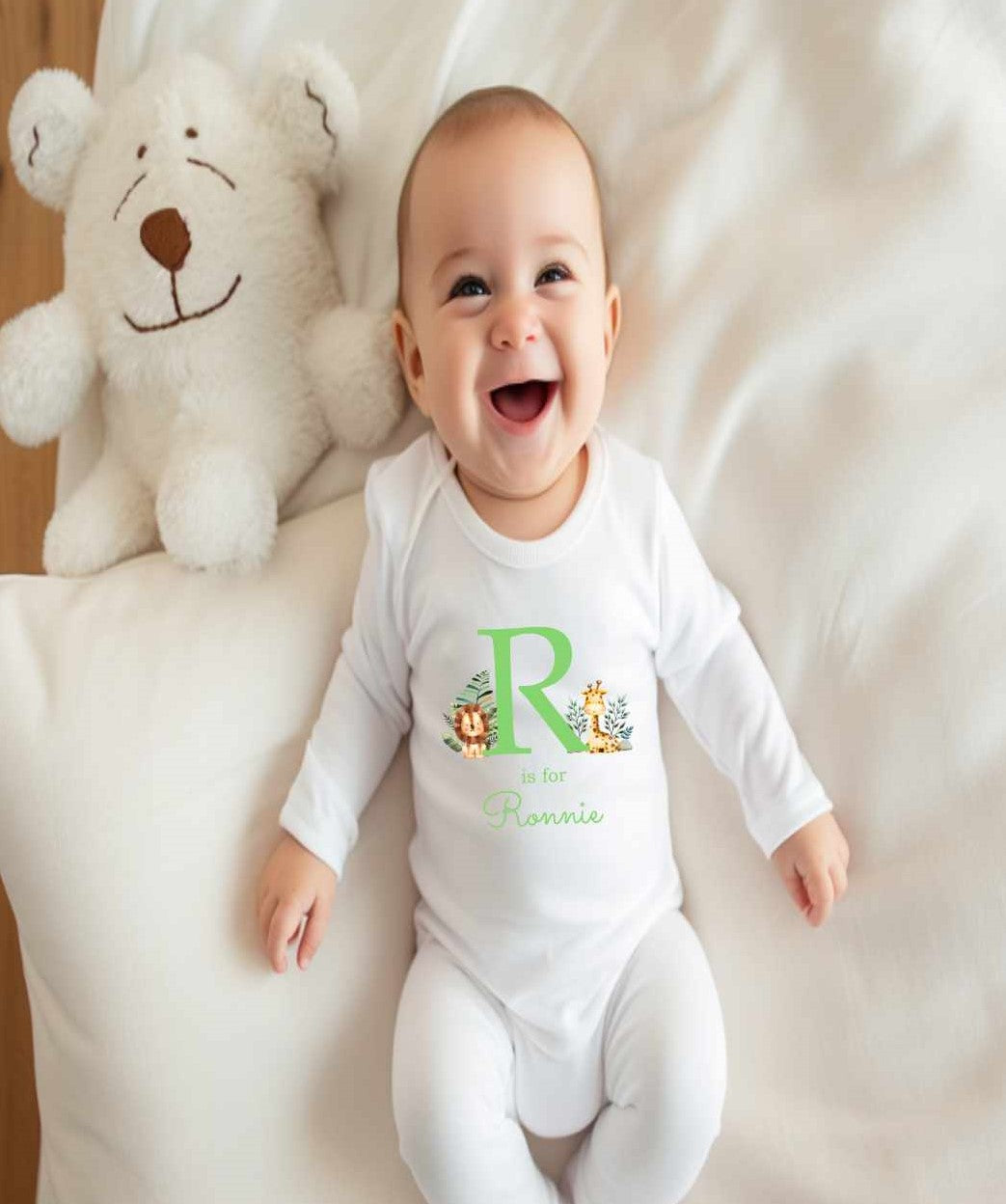 Personalised Sleepsuit With Initial & Name - Safari Theme (4 Colours)