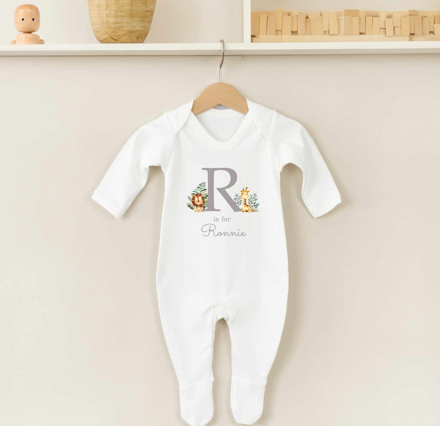 Personalised Sleepsuit With Initial & Name - Safari Theme (4 Colours)