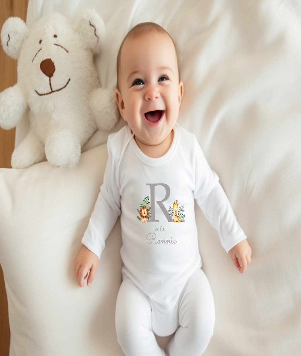 Personalised Sleepsuit With Initial & Name - Safari Theme (4 Colours)