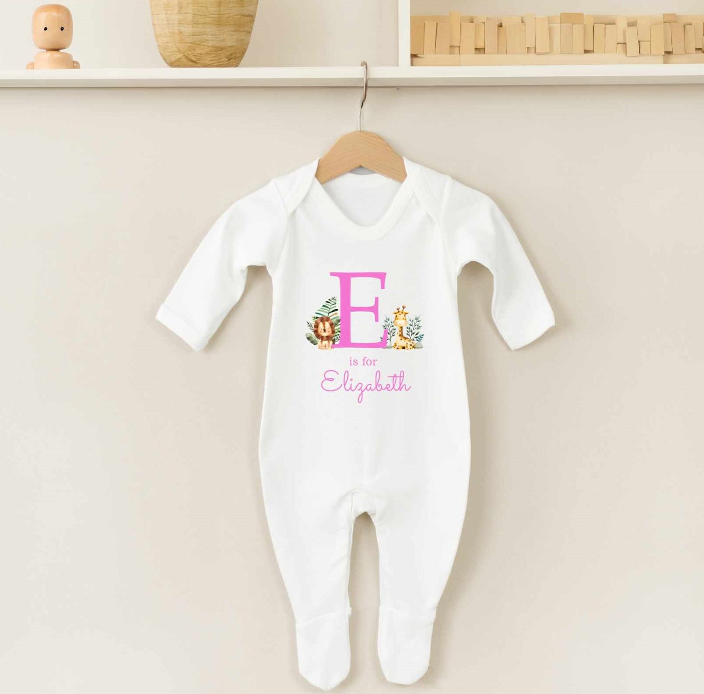Personalised Sleepsuit With Initial & Name - Safari Theme (4 Colours)