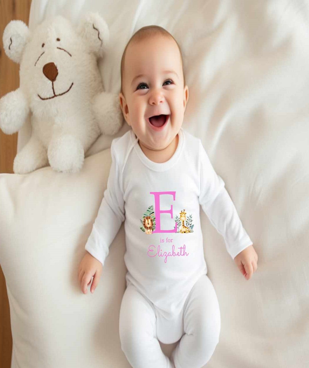 Personalised Sleepsuit With Initial & Name - Safari Theme (4 Colours)