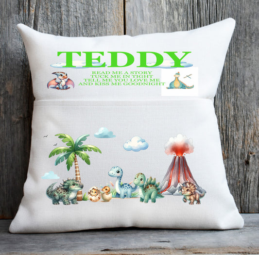 dinosaur pocket cushion green