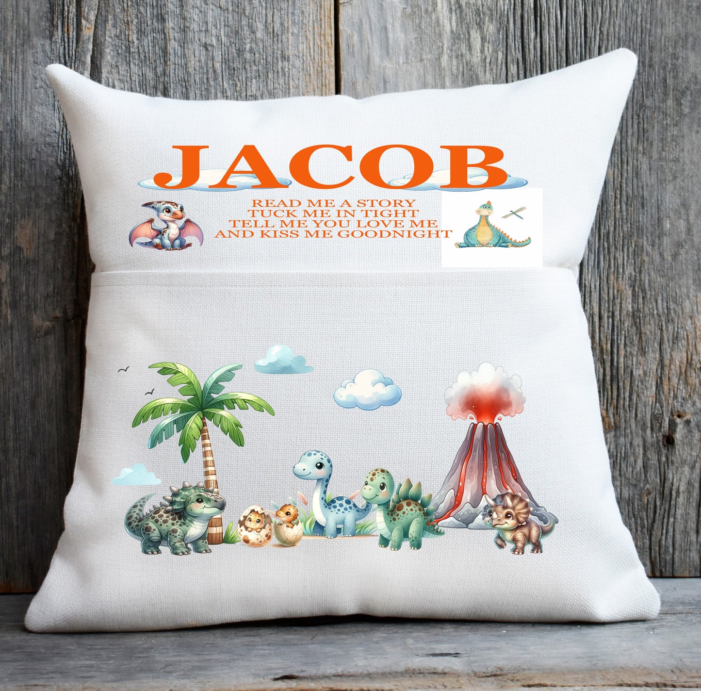 dinosaur pocket cushion orange
