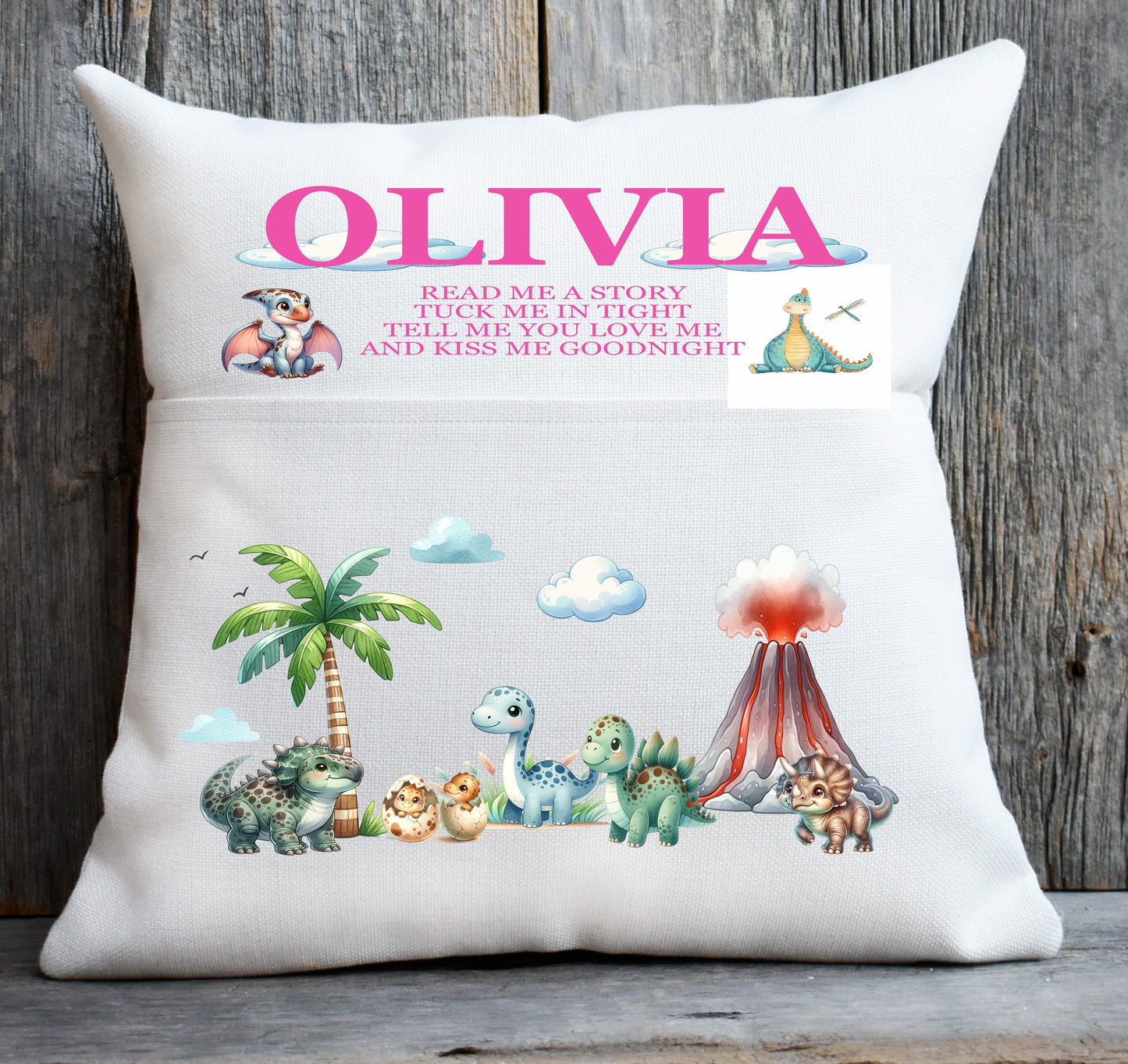 dinosaur pocket cushion pink