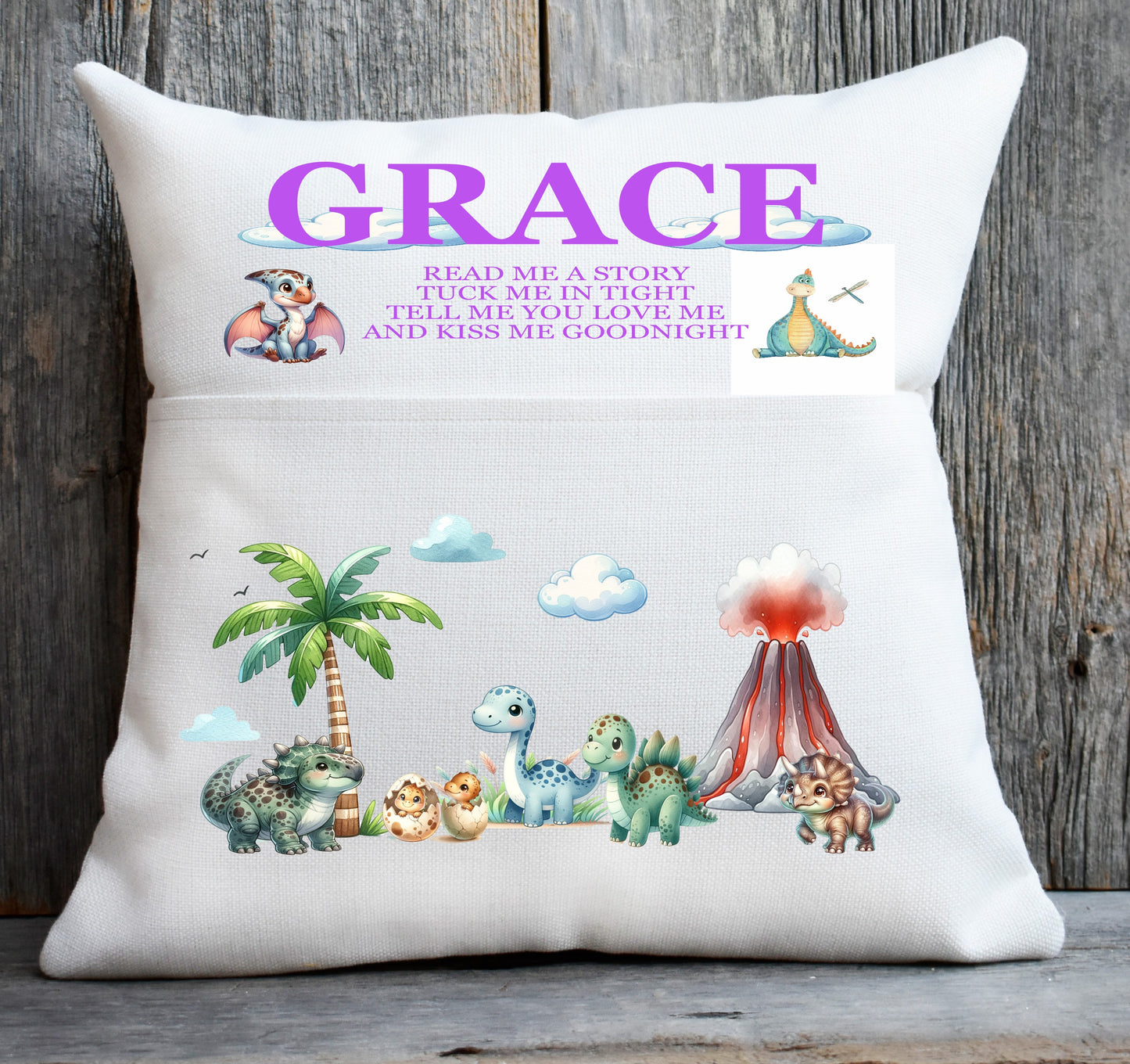 dinosaur pocket cushion purple