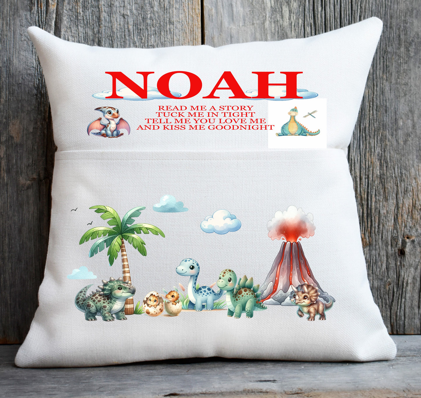 dinosaur pocket cushion red