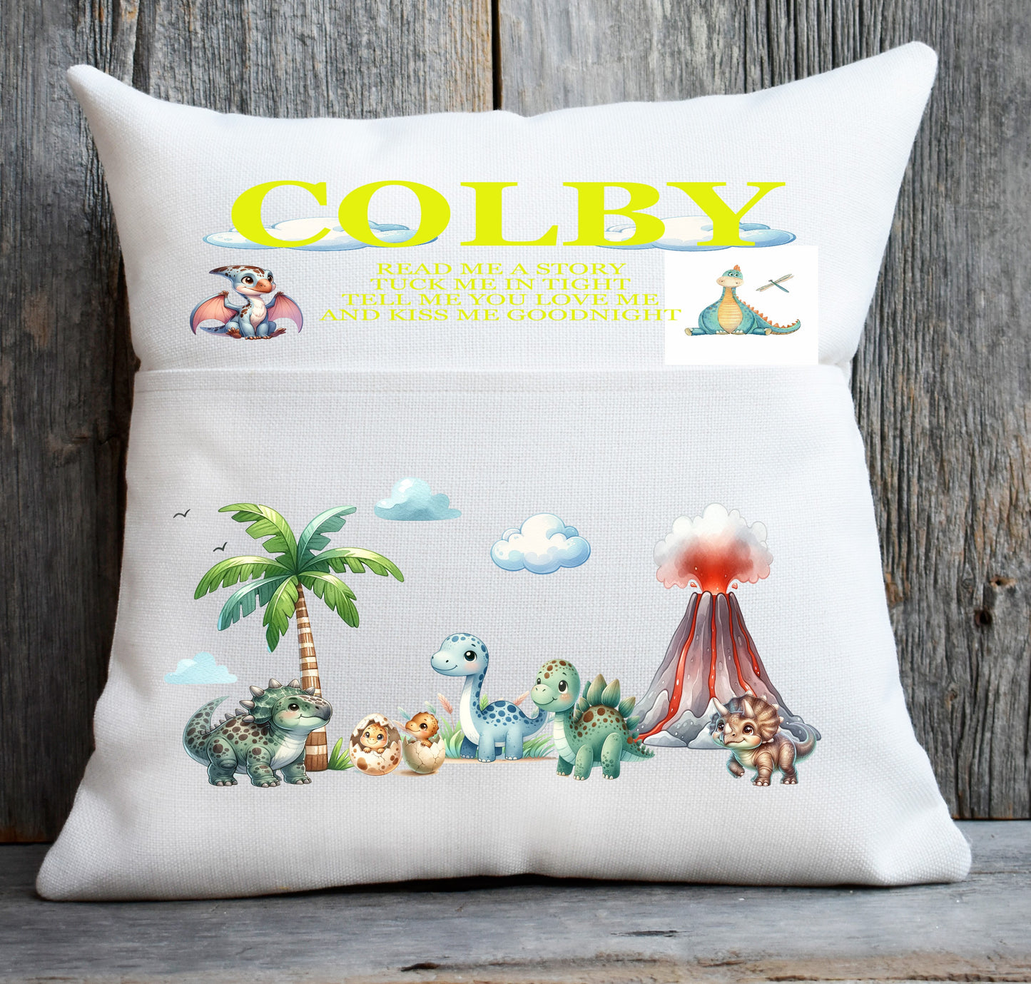 dinosaur pocket cushion yellow