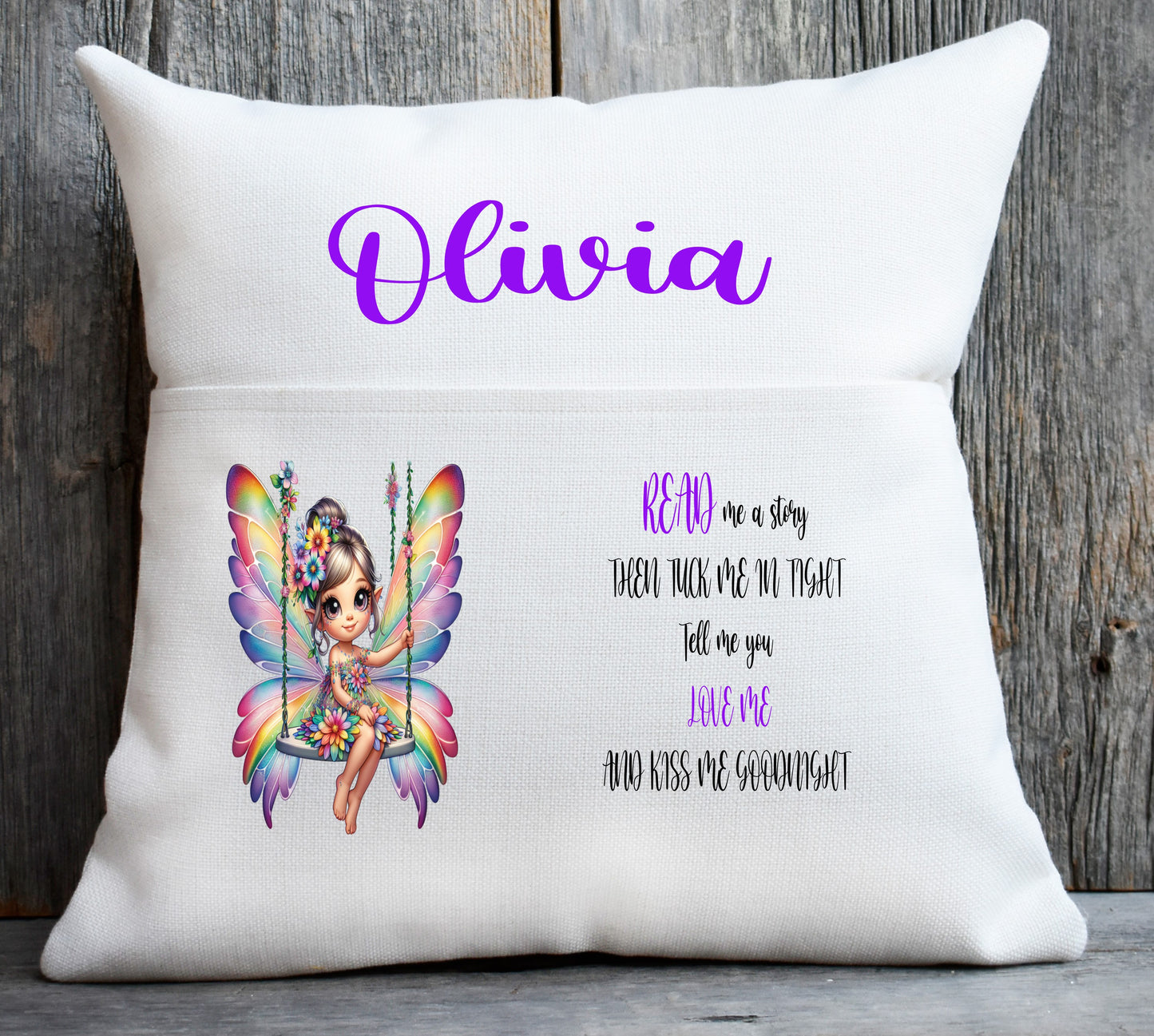 fairy pocket cushion purple writing