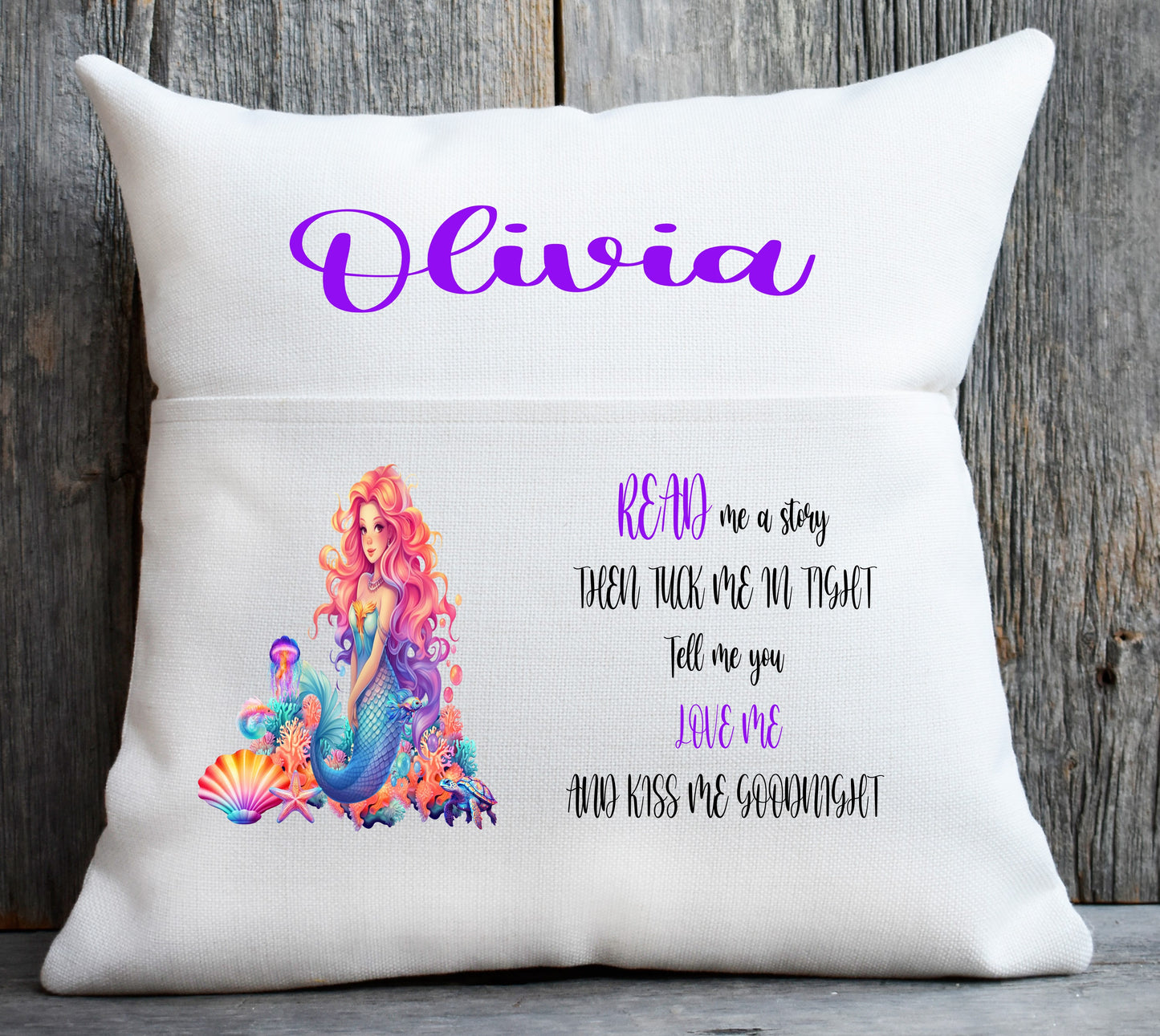 mermaid book cushion purple