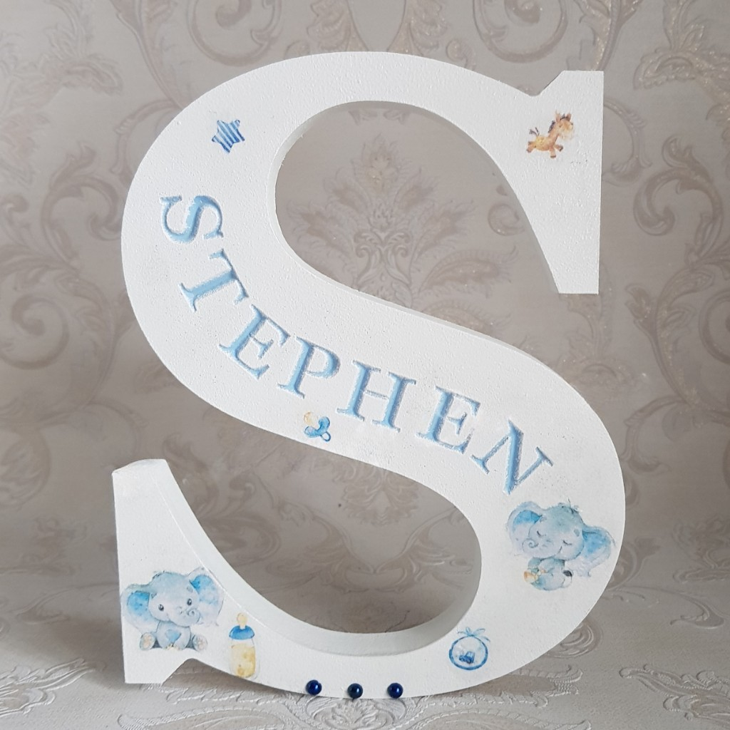 wooden letter blue elephant theme