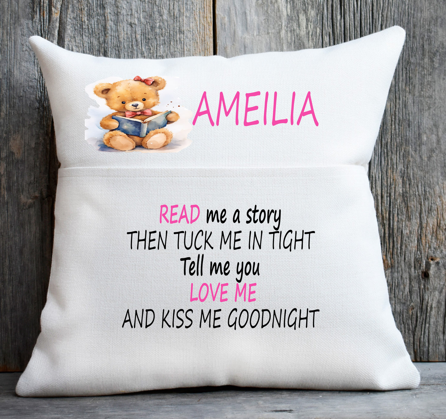 teddy reading cushion pink writing