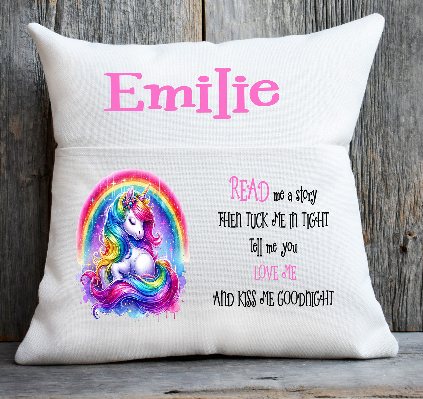 unicorn book cushion pink writing