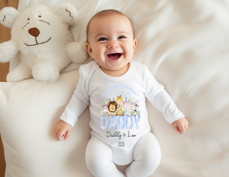 blue safari themed sleepsuit daddy