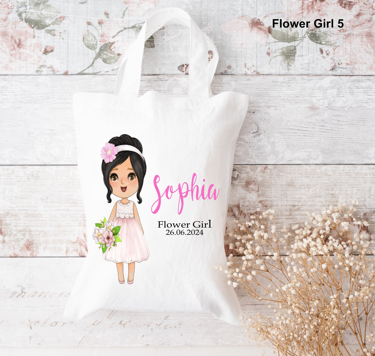 flowergirl black hair tote bag