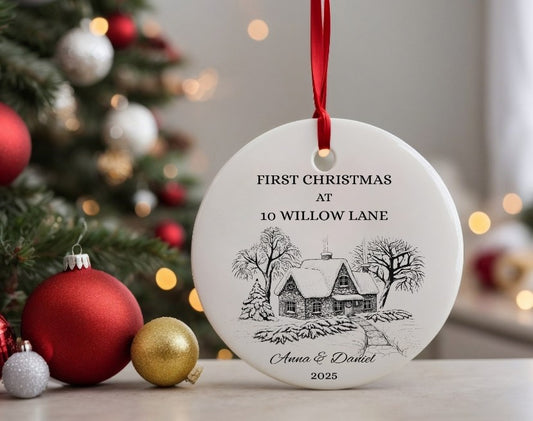 Personalised Christmas ornament with a house illustration and text, hanging in front of a decorated Christmas tree.