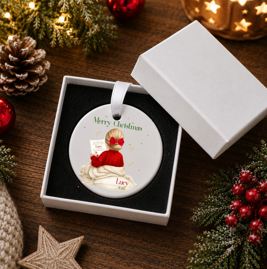 Personalised Kids Christmas Bauble (Nice List, Girl)