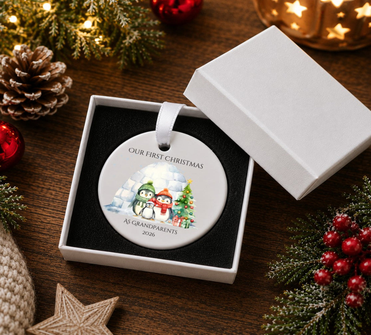 A round ceramic Christmas ornament displayed in an open white gift box on a dark wooden surface, surrounded by holiday decorations including pinecones, evergreen branches, red berries, and warm string lights. The ornament is printed with the text 'OUR FIRST CHRISTMAS' and 'TO OUR GRANDPARENTS 2026' above an illustration of two penguins by a Christmas tree.