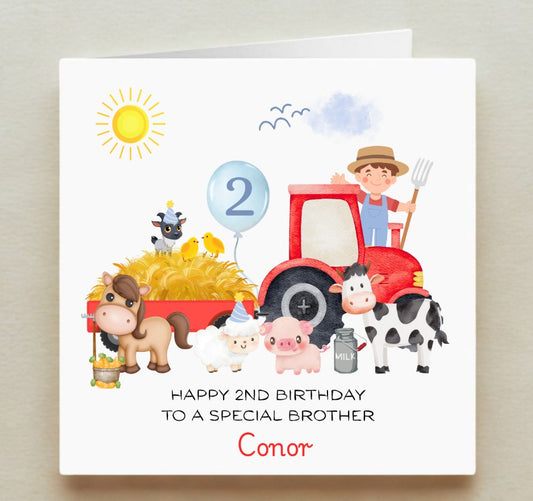 Children's birthday card with farm animals and a tractor, featuring the number 2 and the name Conor.