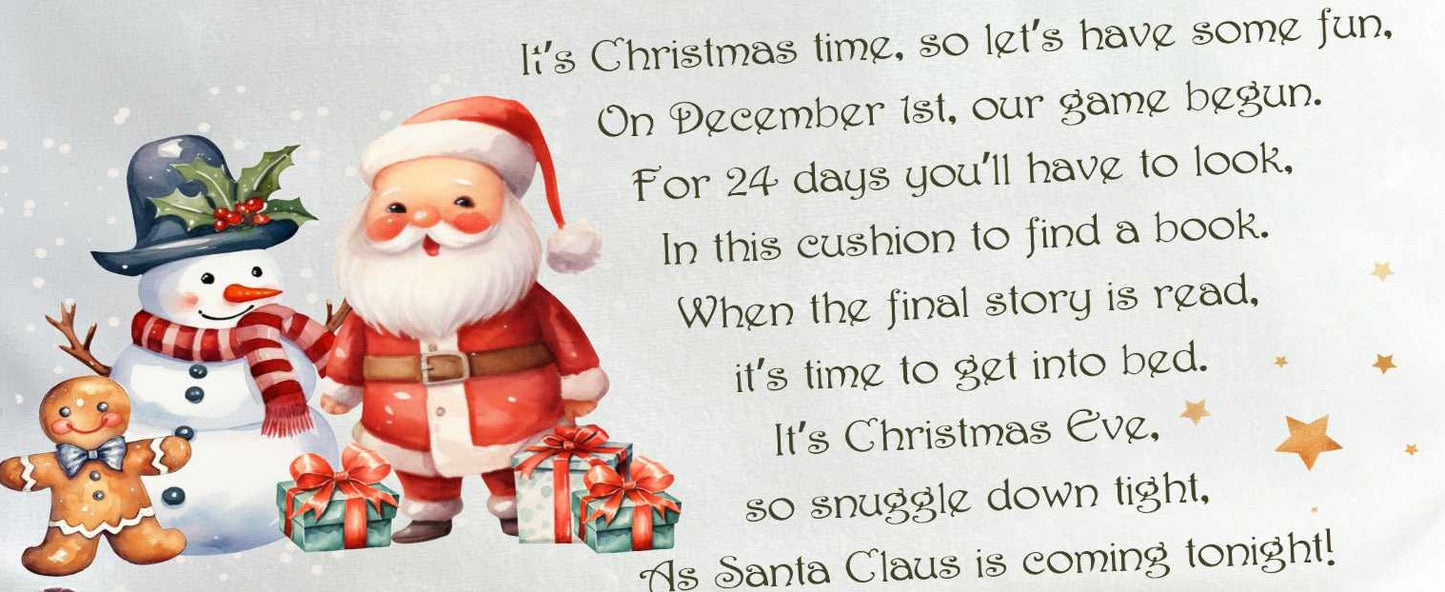 Personalised Christmas Book/Reading Cushion (Santa and Snowman)