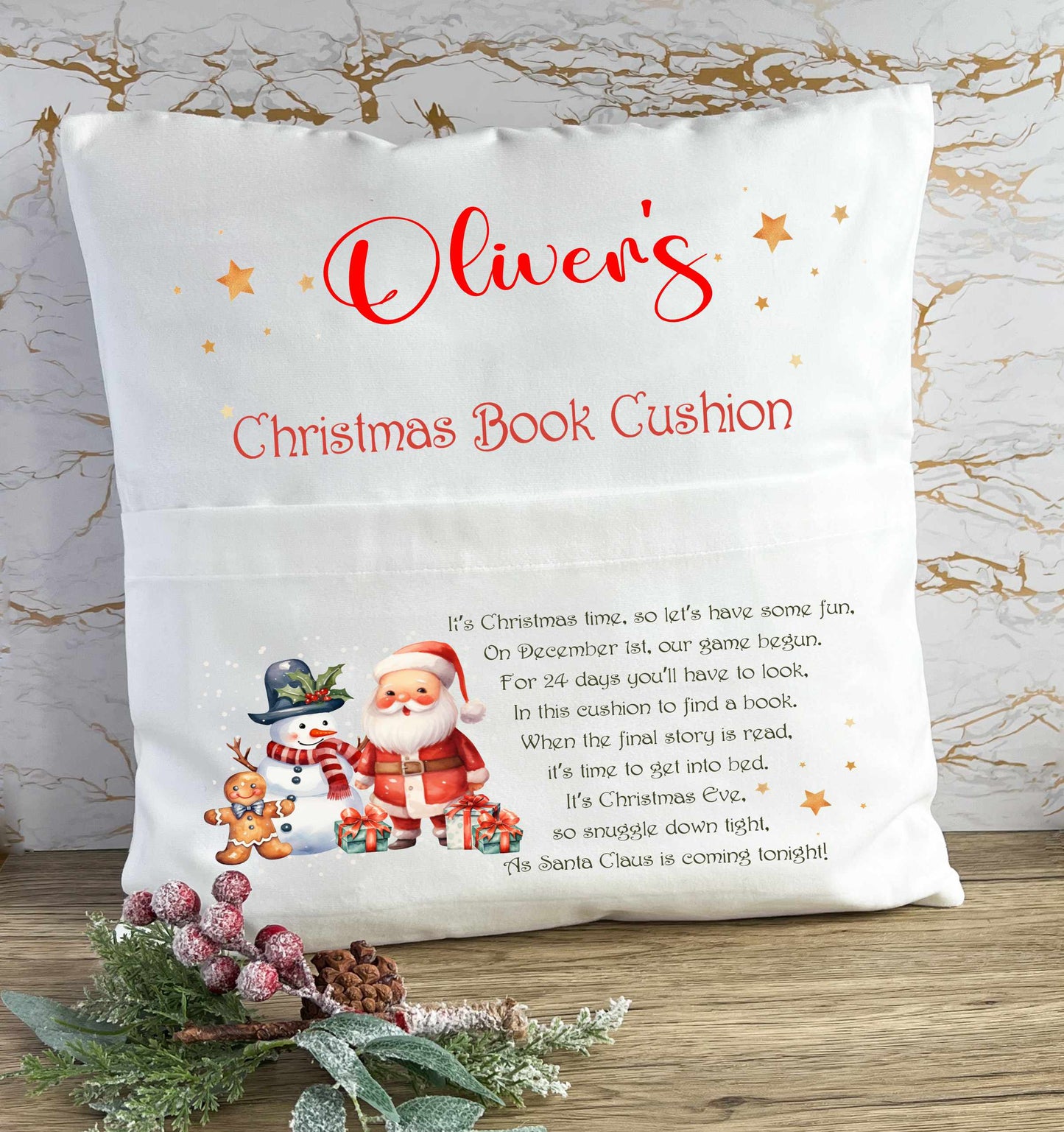 Personalised Christmas Book/Reading Cushion (Santa and Snowman)