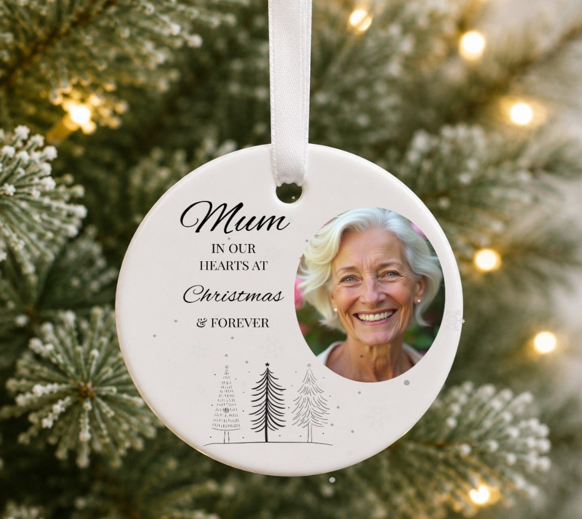 ceramic Christmas bauble with a photo and text reading MUM in our hearts at Christmas & forever