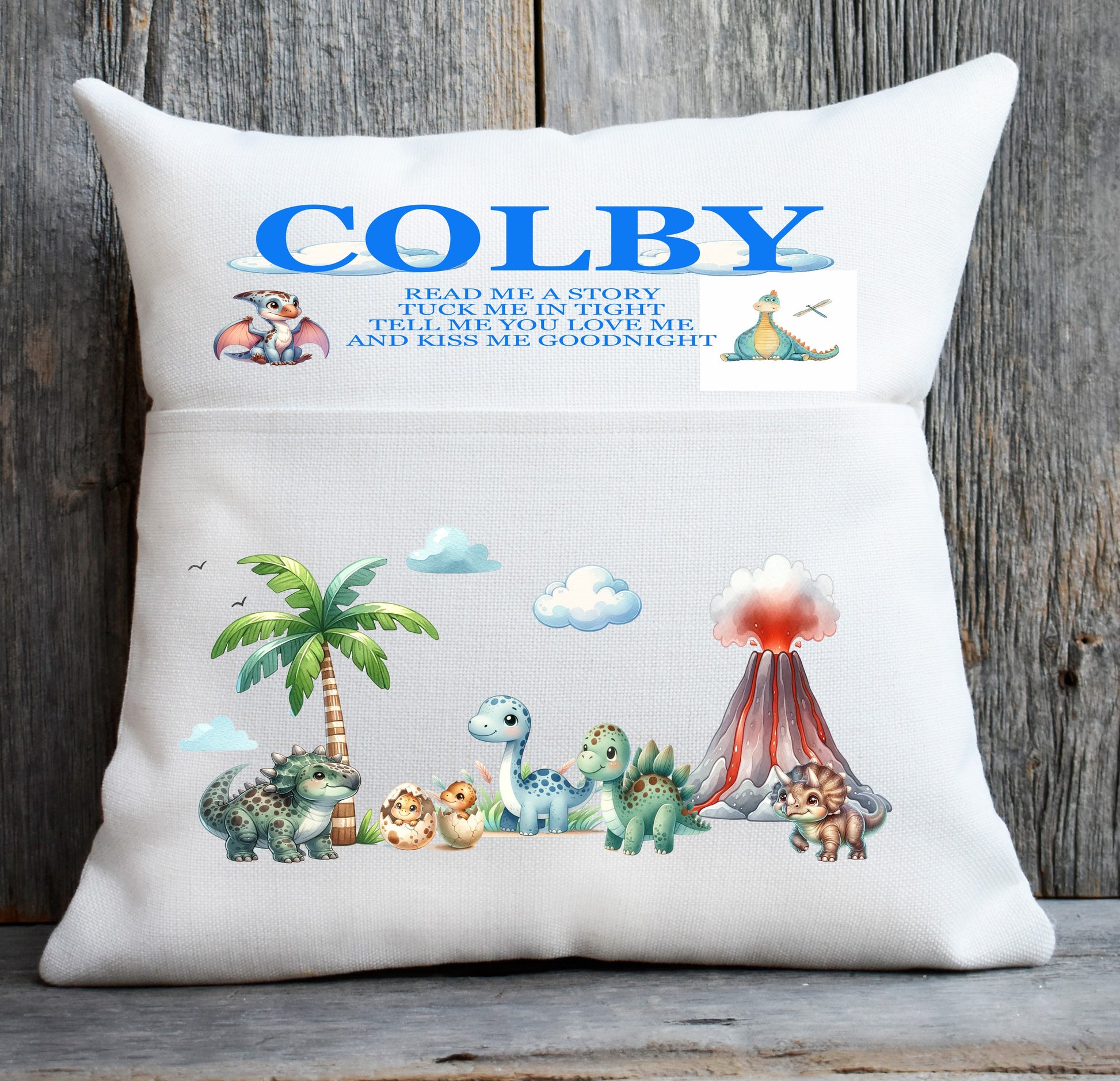 dinosaur pocket cushion blue