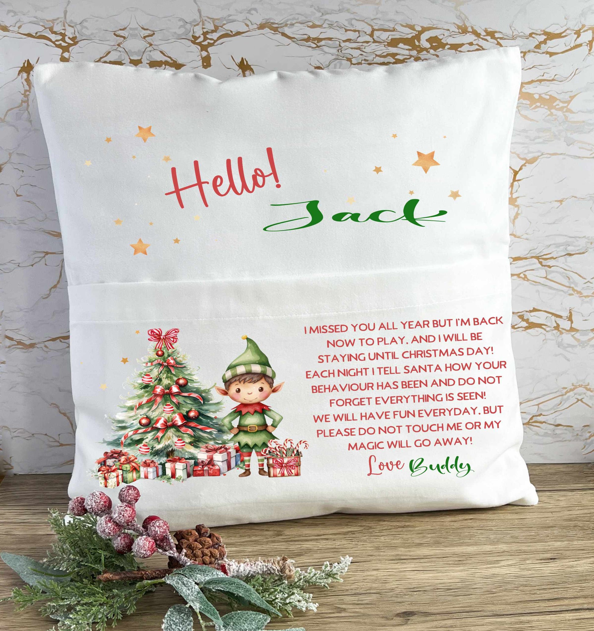 boy elf arrival pocket cushion