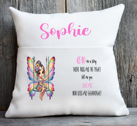 fairy pocket cushion pink writing
