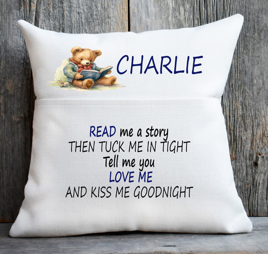 teddy reading cushion blue writing