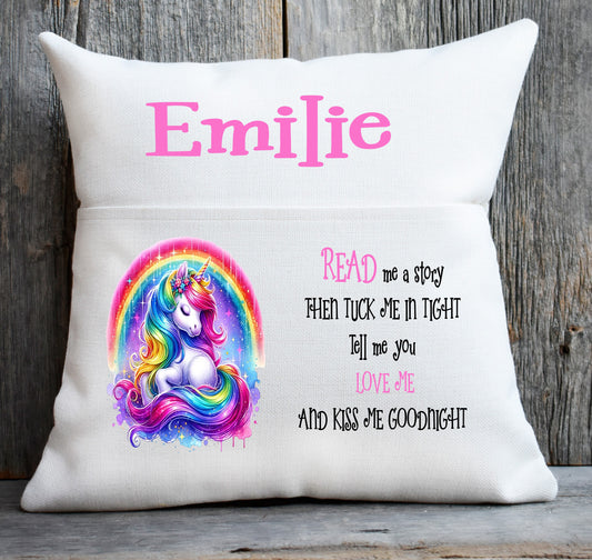 unicorn book cushion pink writing