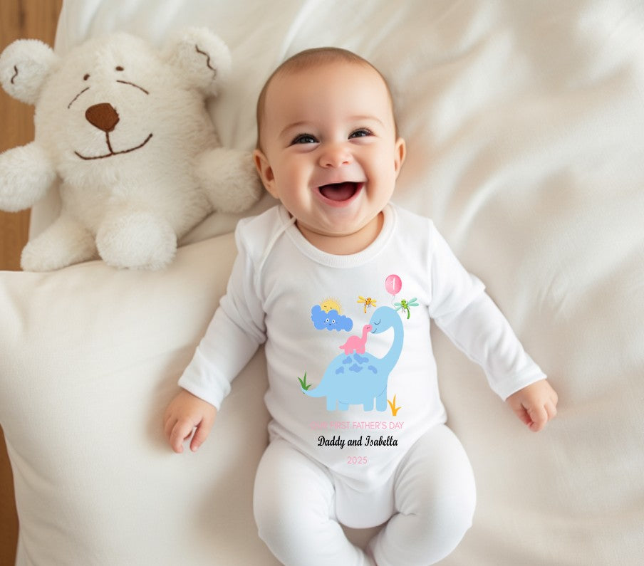Personalised  First Father's Day Sleepsuit - Dinosaur & Baby - 2 Colours