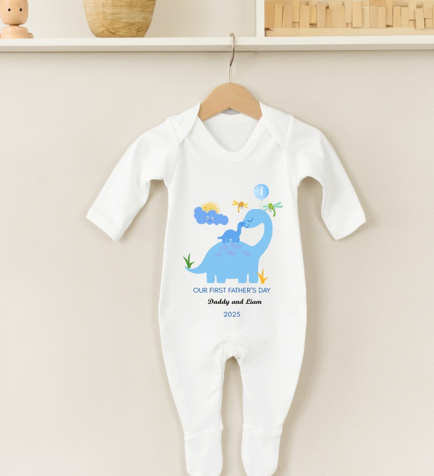 Personalised  First Father's Day Sleepsuit - Dinosaur & Baby - 2 Colours