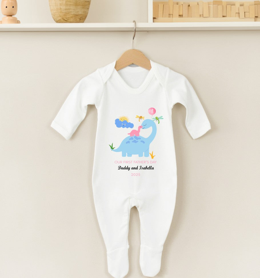 Personalised  First Father's Day Sleepsuit - Dinosaur & Baby - 2 Colours
