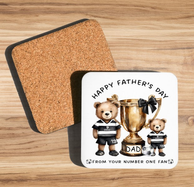 dad coaster black football stripes with trophy and teddy