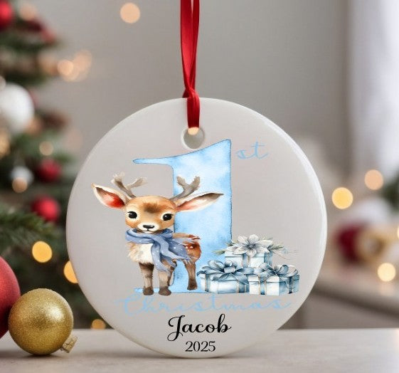 Decorative Christmas ornament with a deer and number '1' for first Christmas, personalised with name and year.