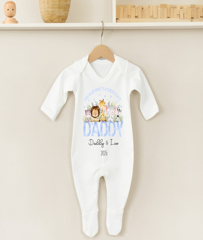 safari themed baby sleepsuit blue