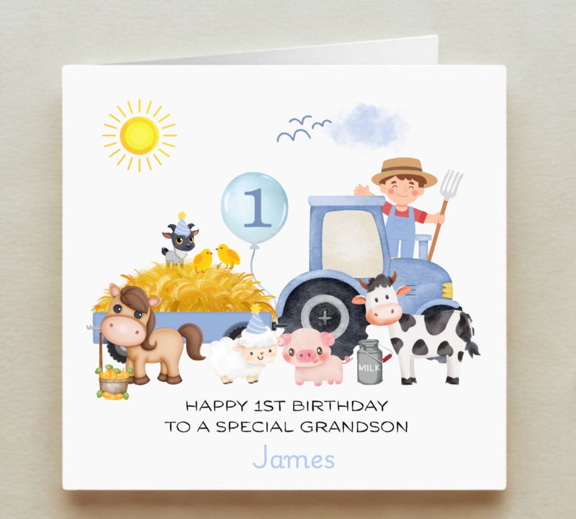 Children's birthday card with a farmer on a tractor and farm animals, personalized for a special grandson.