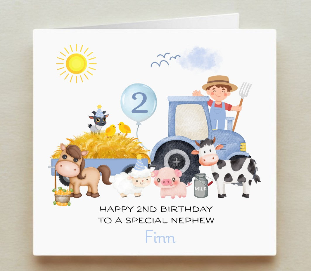 Children's birthday card with farm-themed illustrations and text.