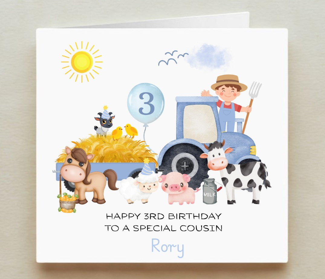 Children's birthday card with farm-themed illustrations and text.