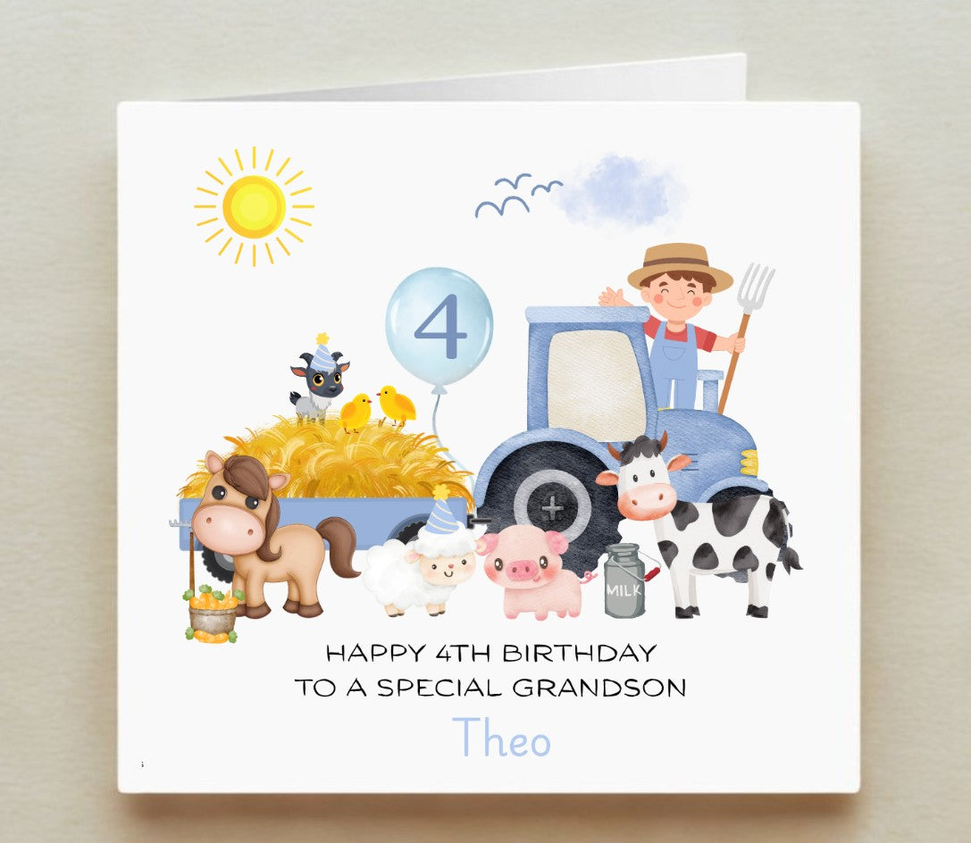 Birthday card with farm-themed illustrations and text for a special grandson.