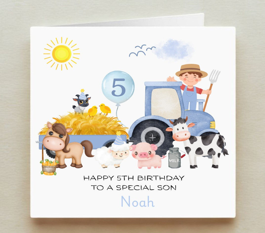 Children's birthday card with farm-themed illustrations and text.