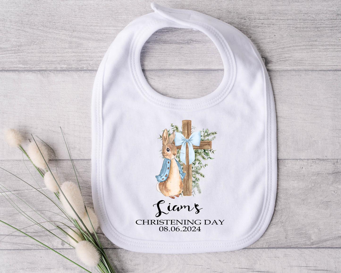 blue rabbit christening bib