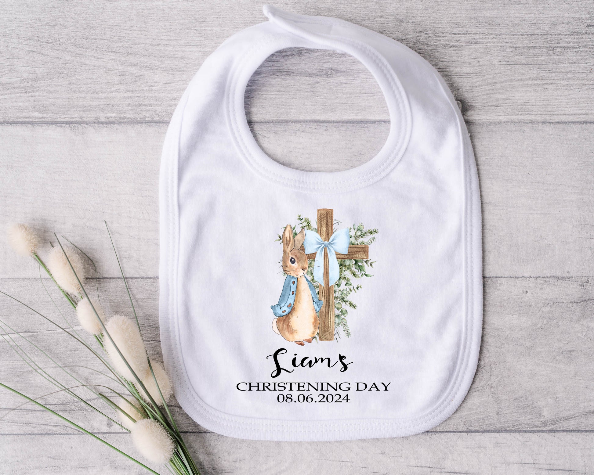 blue rabbit christening bib