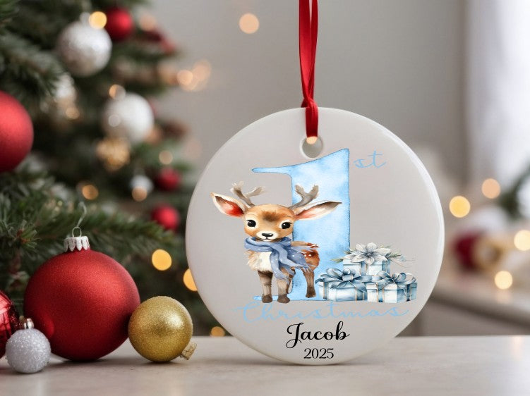 white ceramic Christmas ornament with a blue reindeer