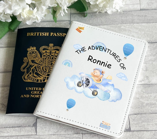 Personalised Passport Cover - Teddy On Plane (2 Colours available)