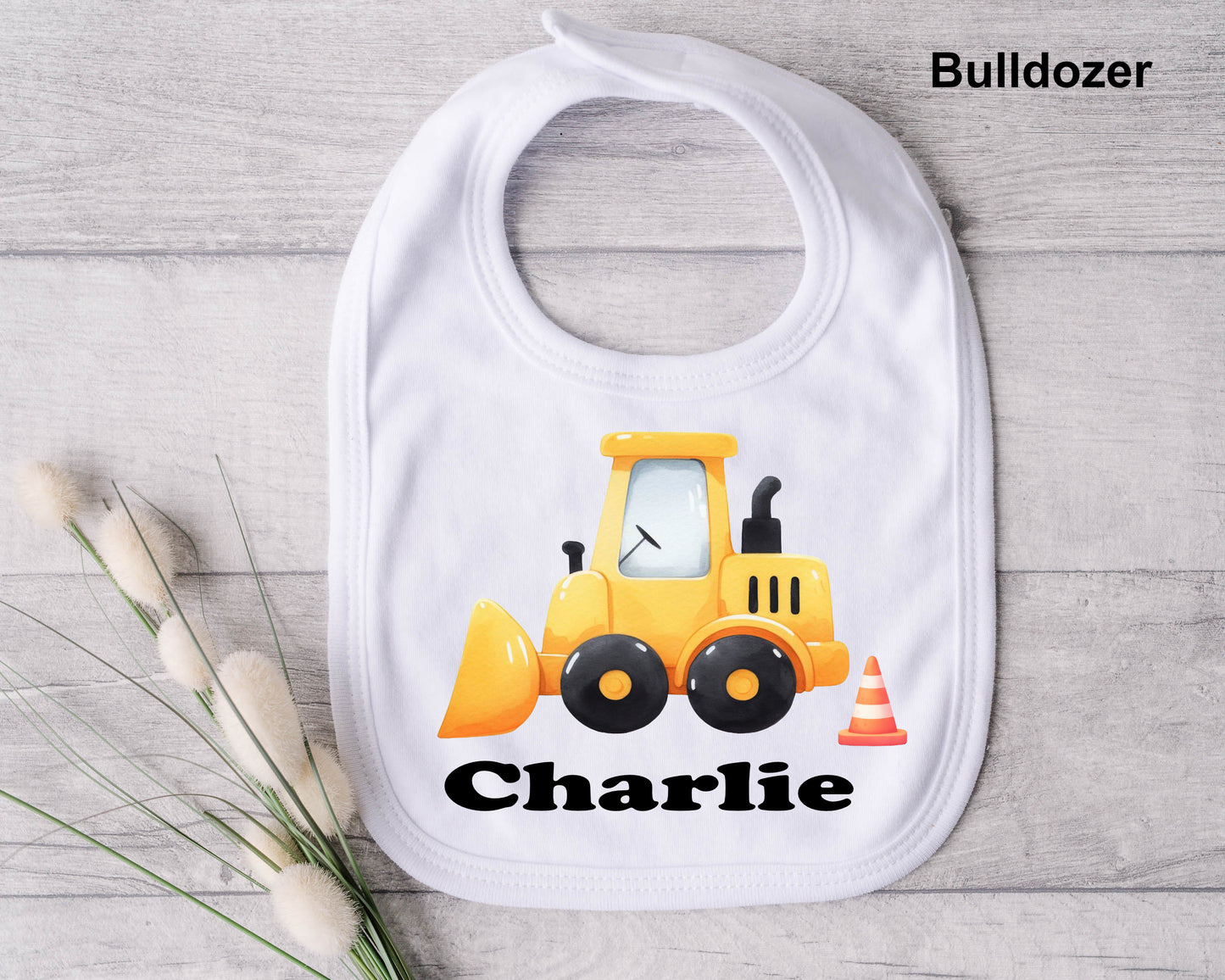 bulldozer baby bib