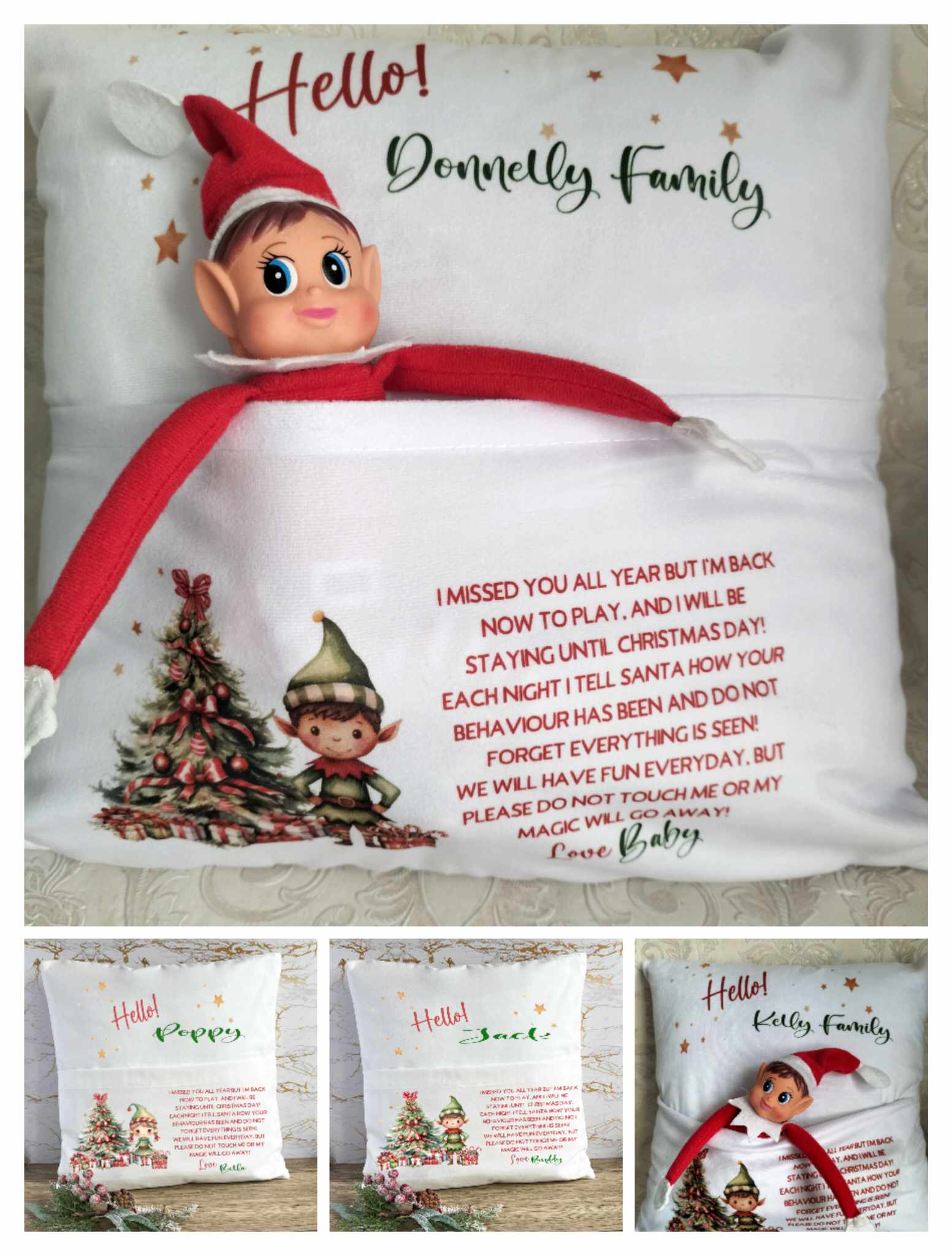 collage of elf cushions
